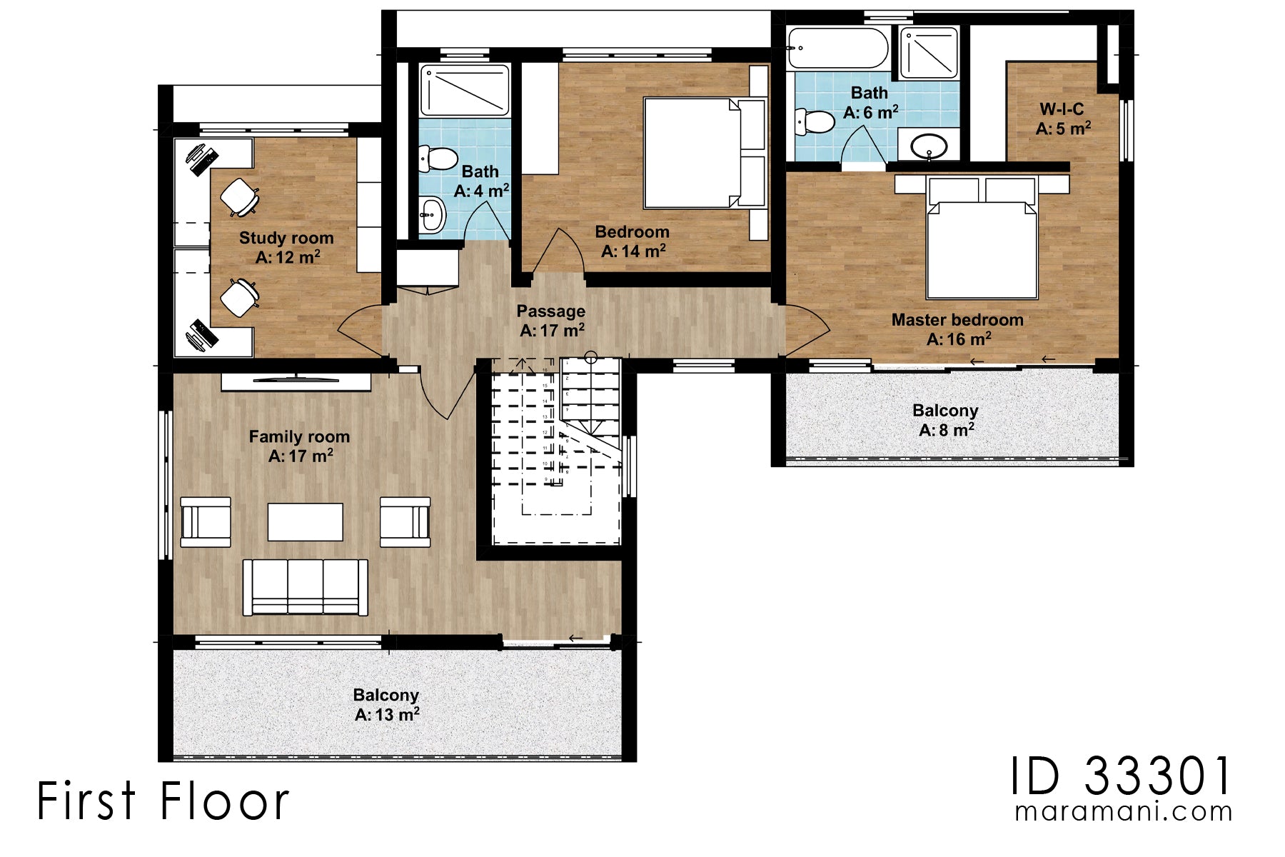 3 Bedroom House plan with roof terrace - ID 33301