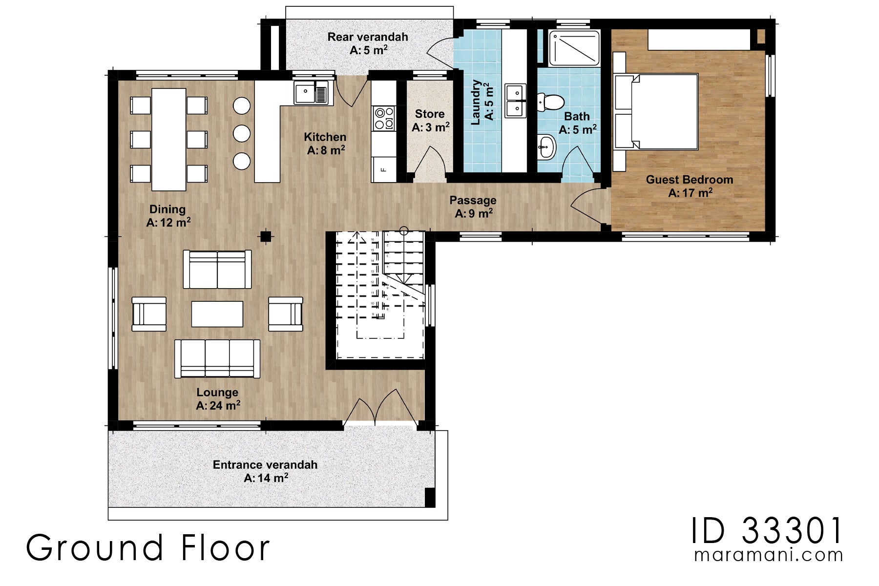 3 Bedroom House plan with roof terrace - ID 33301