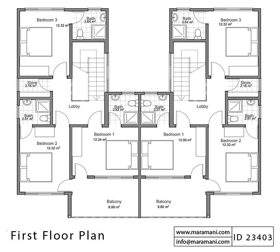 3 Bedroom Duplex House Plan - ID 23403