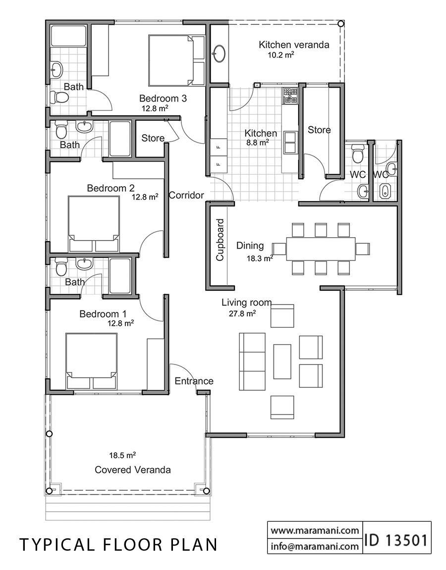 3 Bedroom House Plan - ID 13501