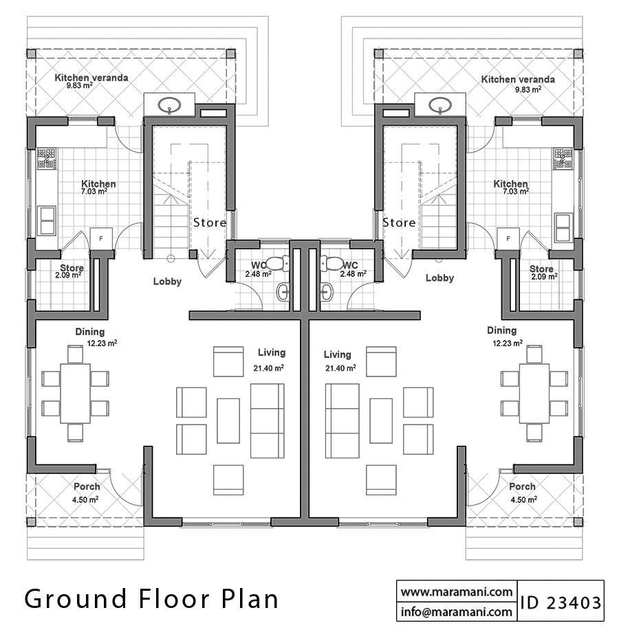 3 Bedroom Duplex House Plan - ID 23403