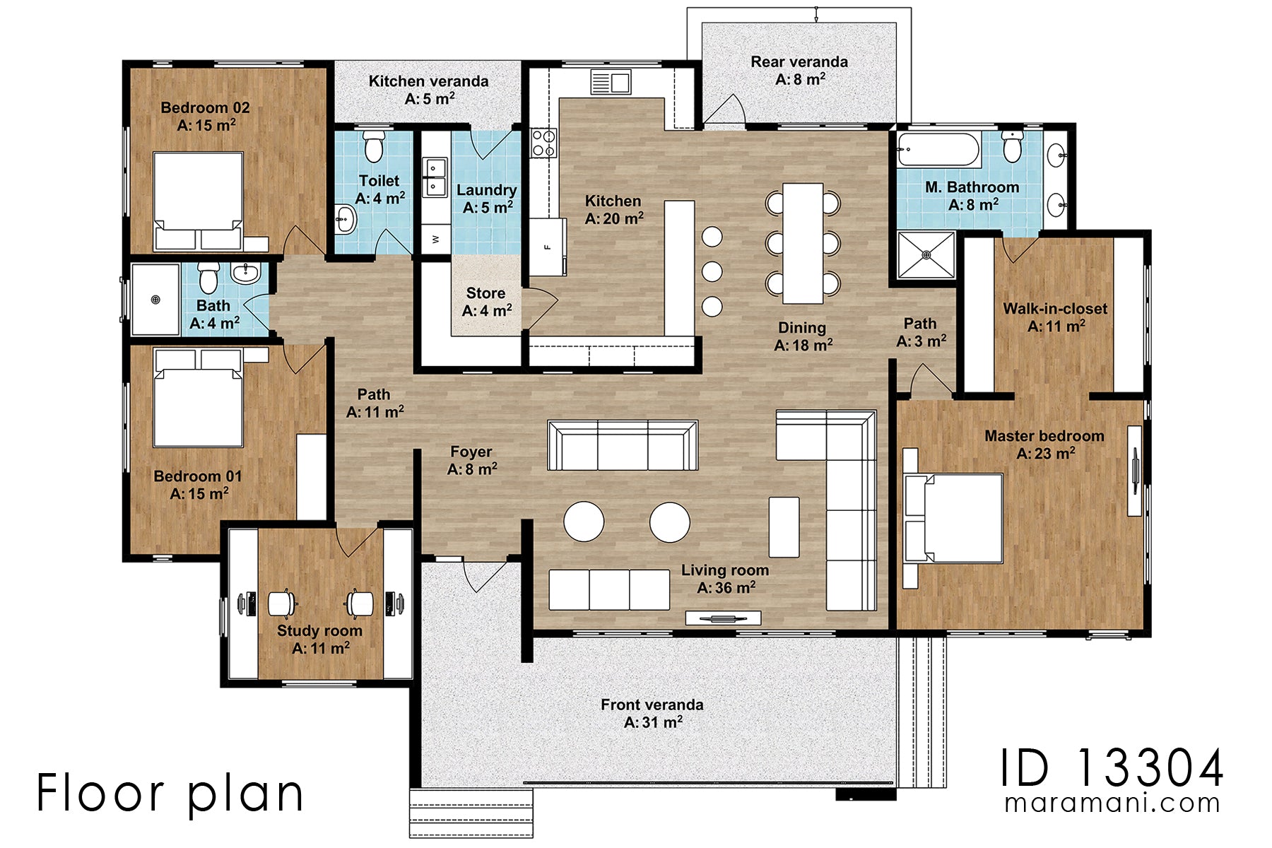 Contemporary 3 bedroom plan with 3 baths - ID 13304
