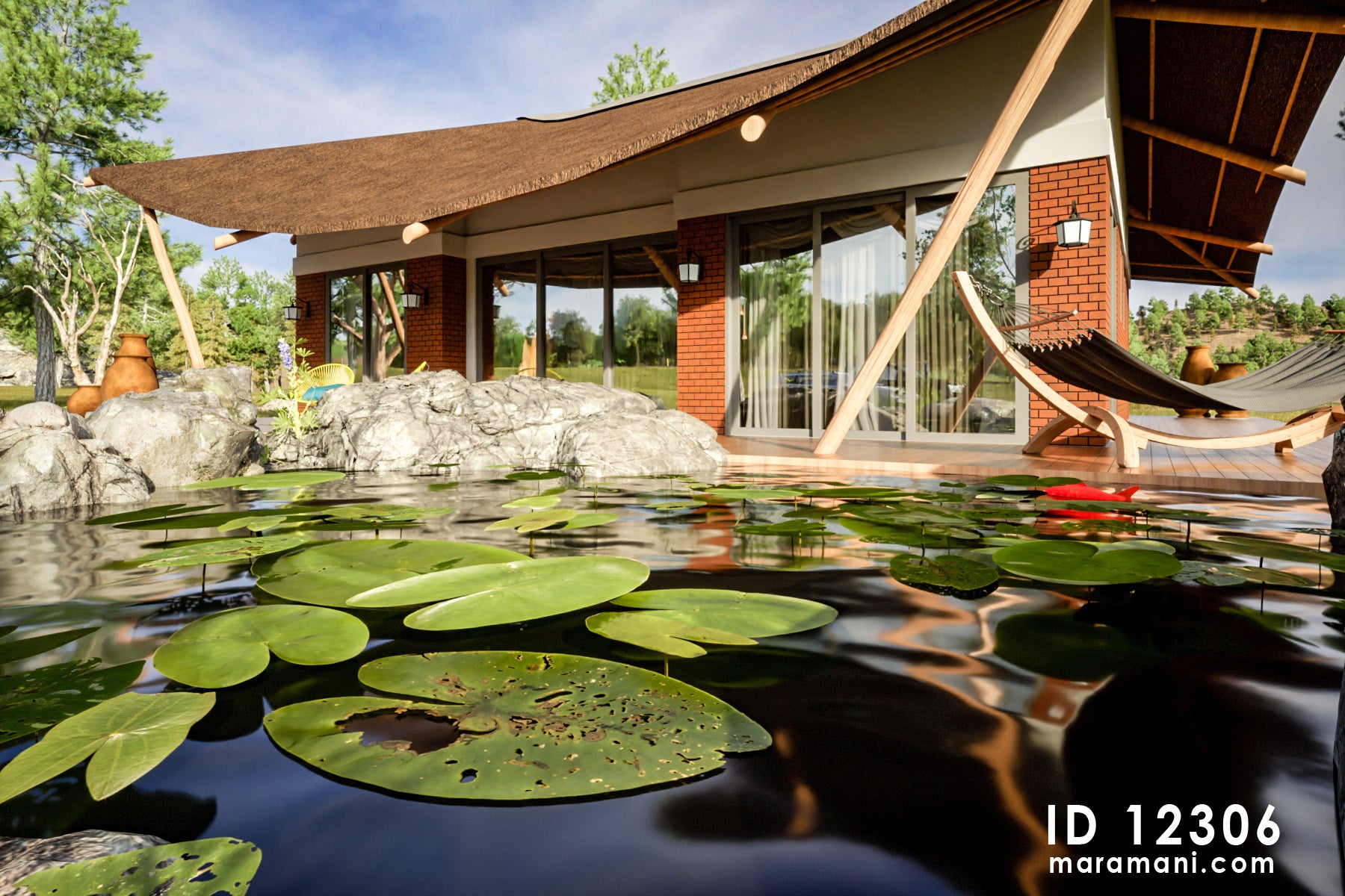 Two-bedroom thatched roof house design - ID 12306